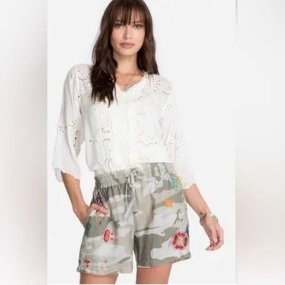 Johnny Was Los Angeles Saguaro Embroidered Camo Linen Shorts Size S Boho